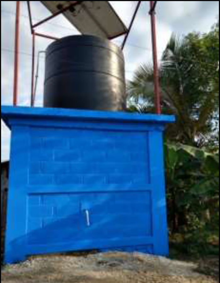 The brightly painted water tower in Pasquette;