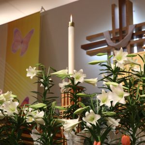 View of the Easter decorations on the church stage