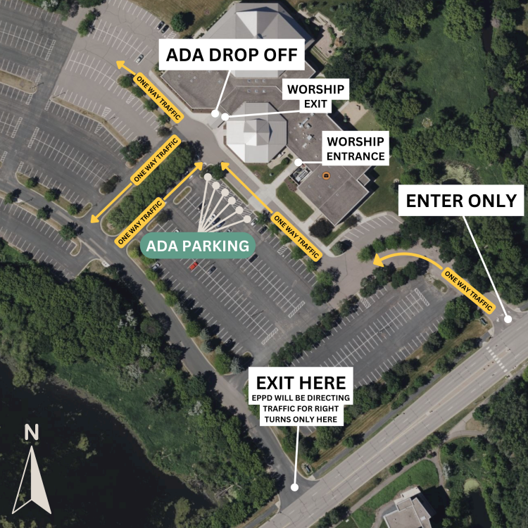 Map of St. Andrews parking lot and entrances